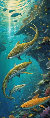 tetrapods,moray eels,aquarium inhabitants,school of fish,sea monsters,anodorhynchus,underwater landscape,marine reptile,fish in water,fishes,acanthorhynchus tenuirostris,lissotriton,sturgeon,underwater fish,freshwater fish,aquaculture,koi fish,forest fish,gar,eleutherodactylus,Illustration,Japanese style,Japanese Style 13