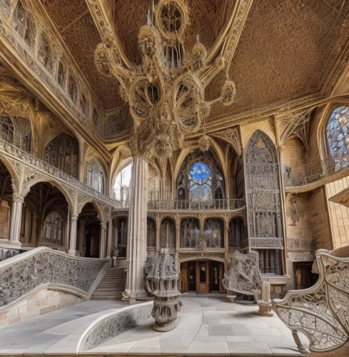 marble palace,ornate room,versailles,art nouveau,hall of the fallen,luxury decay,ornate,iranian architecture,fairy tale castle,royal interior,celsus library,gaudí,art nouveau design,baroque,europe palace,empty interior,persian architecture,fairytale castle,360 ° panorama,abandoned places,Architecture,General,Classic,Catalan Gothic