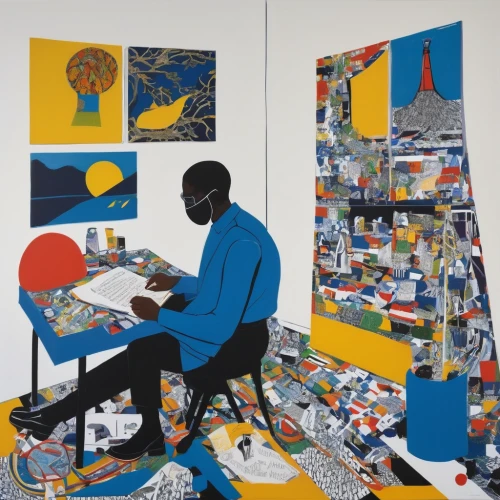 man with a computer,shirakami-sanchi,meticulous painting,novelist,postmasters,art dealer,african businessman,black businessman,art world,blue room,sewing silhouettes,clutter,workspace,room creator,art book,plastic arts,study room,artist,artist color,cd cover,Art,Artistic Painting,Artistic Painting 23