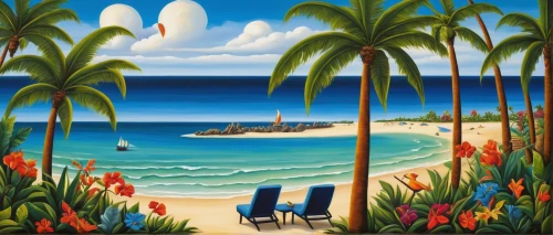 beach landscape,beach chairs,coastal landscape,deckchairs,coconut trees,seaside resort,paradise beach,dream beach,caribbean beach,sea landscape,tropical sea,tropical beach,beach scenery,sailing boats,beach chair,beach furniture,sailboats,south pacific,landscape with sea,umbrella beach,Illustration,Abstract Fantasy,Abstract Fantasy 12