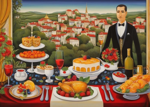 sicilian cuisine,caterer,mediterranean cuisine,cuisine of madrid,bellini,waiter,bistro,provencal life,food table,mediterranean diet,carpaccio,harissa,aperol,aperitif,fruit plate,italian painter,antipasti,khokhloma painting,fête,cart of apples,Art,Artistic Painting,Artistic Painting 29