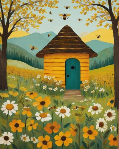 bee house,honey bee home,bee farm,summer cottage,outhouse,bee colony,yellow garden,fairy door,little house,sunflowers in vase,cottage,summer meadow,sunflower field,sunflowers and locusts are together,sheds,house painting,country cottage,dandelion meadow,home landscape,small house,Art,Artistic Painting,Artistic Painting 25