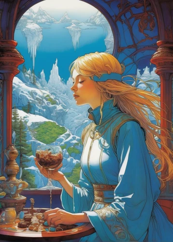 rapunzel,fantasia,elsa,the snow queen,alice,tearoom,afternoon tea,tea drinking,fairy tale character,woman drinking coffee,teatime,pouring tea,candlemaker,girl with bread-and-butter,fairy tale,fairy tales,tea zen,fairytales,dulcinea,girl with cereal bowl,Illustration,Realistic Fantasy,Realistic Fantasy 04