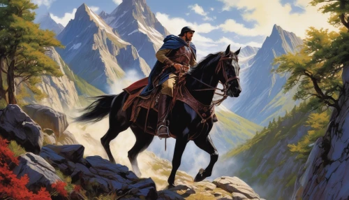 the wanderer,mountain spirit,mountain guide,man and horses,horseback,the spirit of the mountains,guards of the canyon,ranger,el capitan,western riding,horseman,heroic fantasy,mountaineer,mountain scene,cavalry,horse herder,adventurer,bronze horseman,nomad,wanderer,Conceptual Art,Fantasy,Fantasy 20