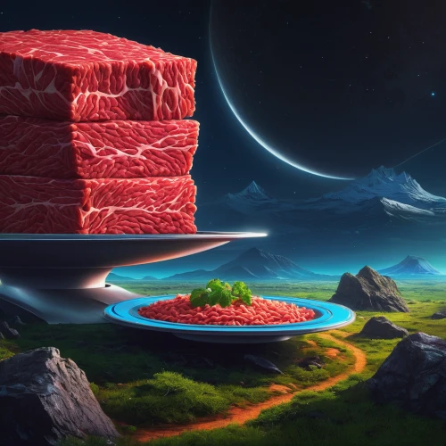 futuristic landscape,mushroom landscape,fillet of beef,striploin,beef fillet,watermelon background,lorne sausage,terraforming,meatloaf,cube background,steaks,watermelon wallpaper,watermelon slice,fantasy landscape,kobe beef,watermelon painting,sirloin,filet mignon,red cliff,planet eart,Conceptual Art,Sci-Fi,Sci-Fi 12