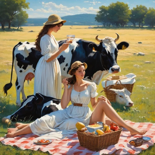 milk cows,cows on pasture,dairy cows,oxen,milkmaid,raw milk,picnic,dairy cow,milking,idyll,mother cow,cows,cow's milk,cow meadow,milk cow,pasture,milk utilization,livestock,holstein cattle,cow herd,Art,Classical Oil Painting,Classical Oil Painting 02