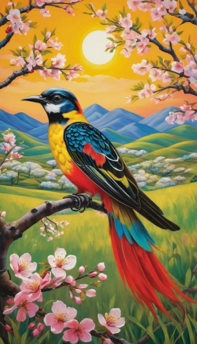 bird painting,spring bird,blue birds and blossom,flower and bird illustration,colorful birds,oriental painting,japanese art,springtime background,humming birds,khokhloma painting,old world oriole,chinese art,bird flower,sunbird,asian bird,rosella,nature bird,flower painting,song bird,tropical bird,Art,Artistic Painting,Artistic Painting 31