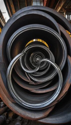 spiralling,steel sculpture,kinetic art,tire recycling,industrial tubes,stack of tires,steel pipes,steel tube,spiral binding,spiral,ducting,time spiral,concentric,spirals,torus,coil spring,metal pile,steel pipe,helical,molten metal,Conceptual Art,Fantasy,Fantasy 30