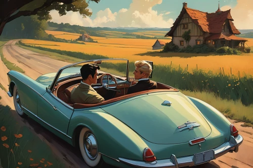 volkswagen beetle,travel poster,vw beetle,porsche 356,austin-healey sprite,mg midget,2cv,beetles,sunbeam tiger,trabant,roadtrip,sunbeam alpine,road trip,volkswagen new beetle,old car,old couple,cabrio,vintage car,morris minor,caterham 7,Conceptual Art,Oil color,Oil Color 04