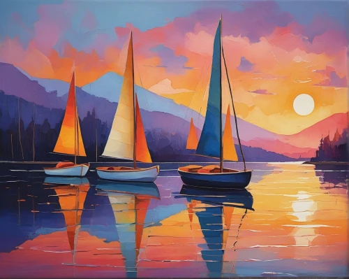 sailing boats,sailboats,sailing boat,sailing-boat,sail boat,sailboat,boat landscape,sailing ships,boats,sailing blue purple,sailing,row boats,fishing boats,regatta,sailing orange,oil painting on canvas,painting technique,wooden boats,oil painting,sailing vessel,Illustration,Abstract Fantasy,Abstract Fantasy 07