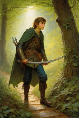 robin hood,quarterstaff,the wanderer,heroic fantasy,woodsman,male elf,bow and arrows,ranger,jrr tolkien,link,patrol,longbow,pied piper,forest man,the pied piper of hamelin,adventurer,gamekeeper,aa,trekking pole,lone warrior,Art,Classical Oil Painting,Classical Oil Painting 13