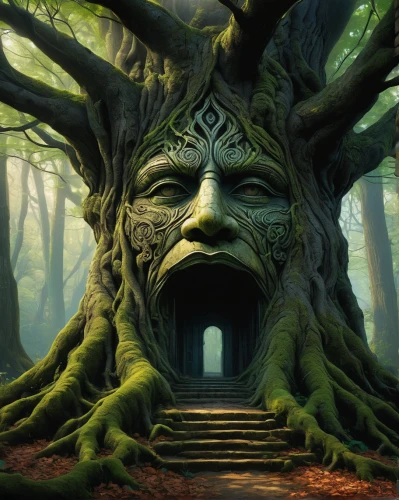 celtic tree,druids,rooted,druid grove,the roots of trees,dryad,fantasy art,tree of life,gnarled,druid stone,tree and roots,tree face,fantasy picture,shamanism,paganism,devilwood,enchanted forest,the dark hedges,totem,shamanic,Illustration,Realistic Fantasy,Realistic Fantasy 44