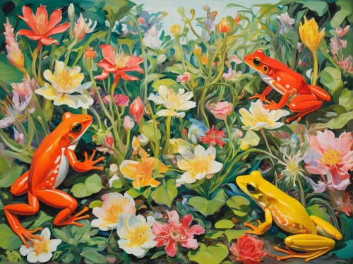 wild tulips,koi pond,lillies,frog gathering,lilies,cluster-lilies,crocosmia,amphibians,koi fish,koi,lilies of the valley,koi carp,phyllobates,floral composition,flower painting,koi carps,orange tulips,spring flowers,lily pond,hummingbirds,Conceptual Art,Oil color,Oil Color 18