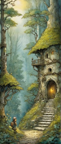 studio ghibli,mushroom landscape,hobbit,fairy village,fantasy picture,the pied piper of hamelin,fantasy landscape,jrr tolkien,cartoon video game background,fantasy art,children's fairy tale,fairy house,the mystical path,background with stones,druid grove,home landscape,fairy chimney,hiking path,forest path,game illustration,Illustration,Paper based,Paper Based 29