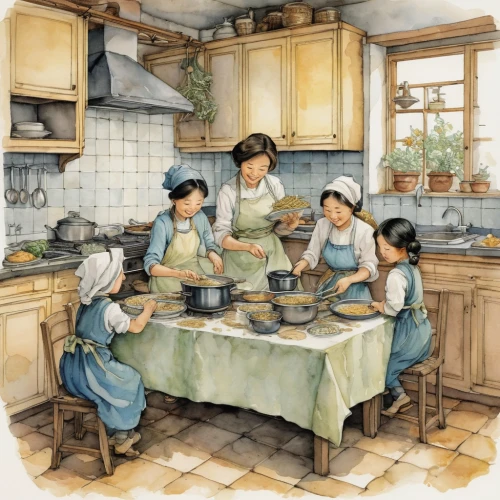 kate greenaway,girl in the kitchen,cooking book cover,victorian kitchen,cookery,doll kitchen,tureen,the kitchen,arrowroot family,kitchen work,food preparation,food and cooking,kitchen,vintage illustration,cooks,old cooking books,purslane family,vintage kitchen,cooking vegetables,the mother and children,Illustration,Paper based,Paper Based 29