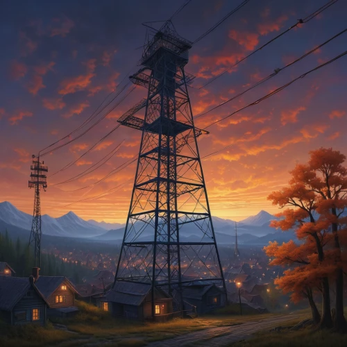 transmission tower,electricity pylons,pylons,telephone poles,telephone pole,powerlines,cell tower,power pole,pylon,electricity pylon,power lines,power line,evening atmosphere,electric tower,one autumn afternoon,world digital painting,croft,autumn sky,rural landscape,antenna tower,Illustration,Realistic Fantasy,Realistic Fantasy 27