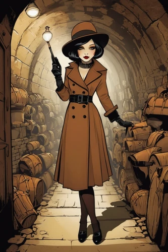 fallout shelter,air-raid shelter,trench coat,game illustration,transistor,adventure game,detective,cigarette girl,underground,the girl at the station,retro woman,vesper,spy visual,spy,action-adventure game,investigator,blind alley,dita,retro girl,mountain vesper,Illustration,Children,Children 04