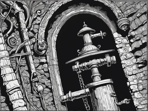 standpipe,drinking fountain,old fountain,water fountain,cistern,plumbing fixture,details architecture,architectural detail,decorative fountains,water pipes,hydrant,faucet,water hydrant,pumping station,water pump,faucets,baluster,fountain,stone fountain,moor fountain,Illustration,Black and White,Black and White 21