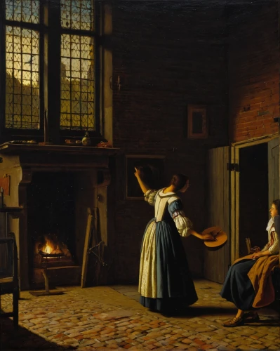 woman playing,woman holding pie,children studying,candlemas,candlemaker,the annunciation,girl in the kitchen,praying woman,fireside,woman praying,oil lamp,courtship,woman house,girl with bread-and-butter,fireplaces,domestic heating,girl studying,young women,mother with children,woman hanging clothes,Art,Classical Oil Painting,Classical Oil Painting 41