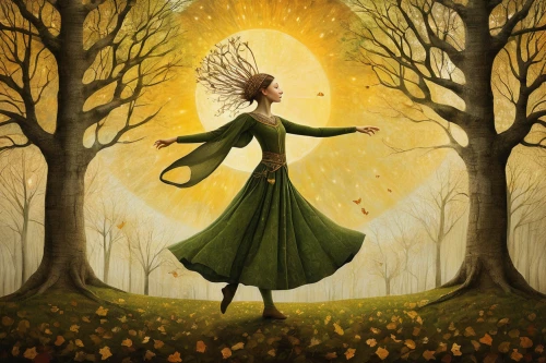 ballerina in the woods,dryad,girl with tree,throwing leaves,woodland sunflower,faerie,fae,faery,rosa 'the fairy,the enchantress,fairy tale character,spring equinox,dandelion field,fairy queen,dandelion meadow,dandelion,linden blossom,tree crown,little girl in wind,light bearer,Illustration,Realistic Fantasy,Realistic Fantasy 35