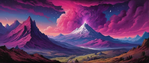 volcanic landscape,purple landscape,fantasy landscape,volcanism,volcanos,valley of the moon,mountain landscape,volcano,fire mountain,giant mountains,mountain plateau,mountainous landscape,mountain world,futuristic landscape,mountain sunrise,vast,volcanic field,high mountains,dune landscape,fallen giants valley,Art,Classical Oil Painting,Classical Oil Painting 39