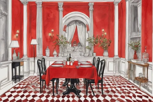 red tablecloth,dining room,breakfast room,red chevron pattern,checkered floor,dining table,danish room,christmas gold and red deco,tearoom,decorates,dining,meticulous painting,parlour,dining room table,venice italy gritti palace,interiors,tablescape,royal interior,red paint,tablecloth,Conceptual Art,Fantasy,Fantasy 23