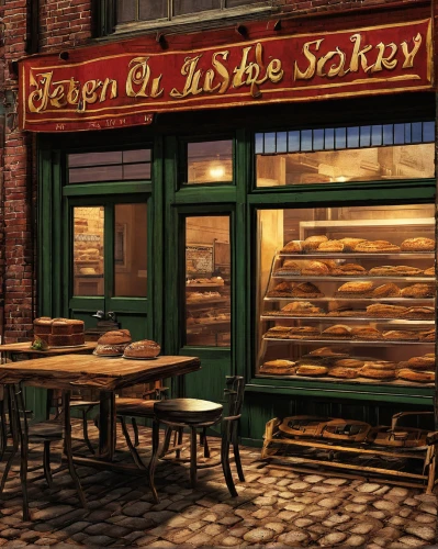 bakery,pastry shop,new york restaurant,izakaya,street cafe,brandy shop,brick oven pizza,irish pub,the coffee shop,colored pencil background,bakery products,wooden windows,wooden signboard,slovakian cuisine,pizzeria,wine tavern,soda shop,sawdust,soap shop,coffee shop,Illustration,American Style,American Style 02