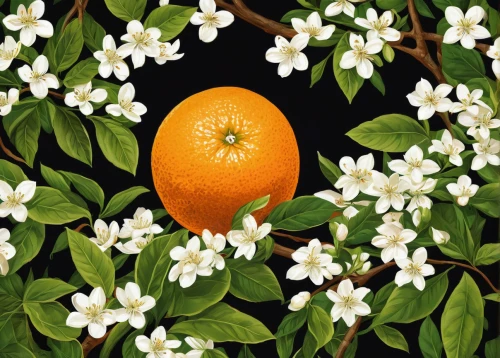 orange blossom,calamondin,orange tree,tangerines,kumquat,orange jasmine,satsuma,minneola,kumquats,tangerine fruits,citrus sinensis,valencia orange,tangerine tree,orange fruit,still life of spring,mandarin orange,clementines,citrus plant,navel orange,mandarins,Illustration,American Style,American Style 12