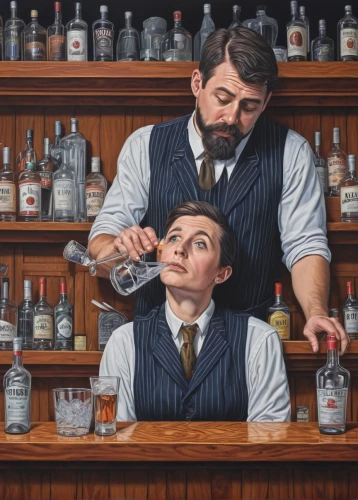 david bates,bartender,barman,old fashioned,liquor bar,barmaid,unique bar,barber shop,prohibition,barbershop,apothecary,brandy shop,drinking establishment,barber,chemist,lynchburg lemonade,cocktails,pharmacy,cordial,distilled beverage,Illustration,Realistic Fantasy,Realistic Fantasy 11