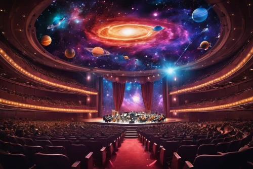 musical dome,planetarium,immenhausen,theater stage,concert stage,orchestral,stage curtain,orchestra,stage design,theatre stage,philharmonic orchestra,theater curtain,concert hall,concert venue,the stage,universe,scene cosmic,atlas theatre,the universe,orchesta,Conceptual Art,Sci-Fi,Sci-Fi 30