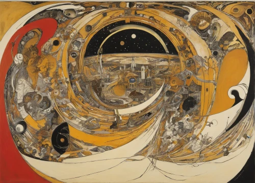copernican world system,shirakami-sanchi,heliosphere,planetary system,harmonia macrocosmica,planet eart,klaus rinke's time field,geocentric,inner planets,orrery,ophiuchus,voyager golden record,pioneer 10,celestial bodies,phase of the moon,saturn,cosmos wind,yinyang,dali,solar wind,Illustration,Retro,Retro 21