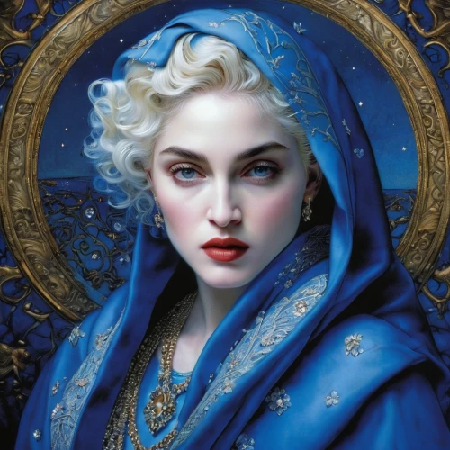 fantasy portrait,blue enchantress,the snow queen,suit of the snow maiden,madonna,elsa,sapphire,jasmine blue,blue rose,fantasy art,mazarine blue,blue moon rose,jaya,gothic portrait,priestess,sorceress,lady of the night,white rose snow queen,winterblueher,victorian lady,Illustration,Realistic Fantasy,Realistic Fantasy 05