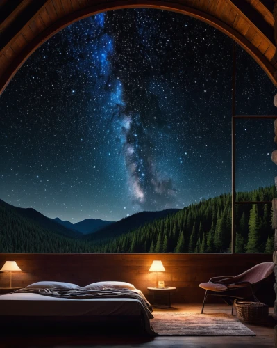 sleeping room,starry night,starry sky,the cabin in the mountains,the night sky,great room,stargazing,bedroom window,astronomy,night sky,the milky way,milky way,milkyway,meteor shower,nightsky,canopy bed,sky apartment,starscape,dream,starry,Illustration,Retro,Retro 04