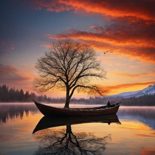lone tree,old wooden boat at sunrise,isolated tree,boat landscape,tranquility,beautiful lake,calm water,wooden boat,perched on a log,landscape photography,floating over lake,calm waters,row boat,incredible sunset over the lake,evening lake,bare tree,landscapes beautiful,beautiful landscape,solitude,sunken boat,Photography,Documentary Photography,Documentary Photography 32