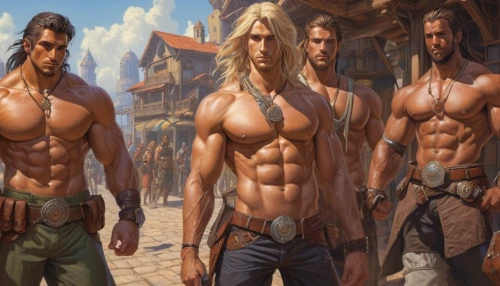 guards of the canyon,male elf,massively multiplayer online role-playing game,six-pack,dwarves,heroic fantasy,male character,male poses for drawing,six pack,swordsmen,lancers,abs,musketeers,guild,sixpack,game characters,fantasy art,dragon slayers,greek gods figures,witcher,Illustration,Realistic Fantasy,Realistic Fantasy 44