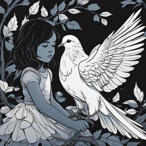 flower and bird illustration,harpy,dove of peace,doves of peace,white bird,doves and pigeons,white dove,bird illustration,eglantine,white feather,book illustration,coloring page,eagle illustration,child fairy,gray bird,little bird,peace dove,pigeons and doves,digital illustration,winged,Illustration,Black and White,Black and White 12