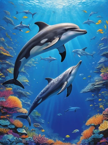 oceanic dolphins,bottlenose dolphins,common dolphins,dolphins in water,dolphin background,cetacea,dolphins,two dolphins,sea mammals,tursiops truncatus,cetacean,bottlenose dolphin,aquarium inhabitants,porpoise,common bottlenose dolphin,dolphin fish,dolphin-afalina,underwater background,striped dolphin,sea animals,Illustration,Japanese style,Japanese Style 20