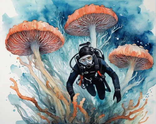 anemones,scuba,coral guardian,aquanaut,anemone fish,sea anemones,scuba diving,clark's anemone,sea anemone,anemonin,coral reef,exploration of the sea,blue anemones,amphiprion,fall anemone,ray anemone,large anemone,red anemone,red anemones,cnidaria,Illustration,Paper based,Paper Based 20