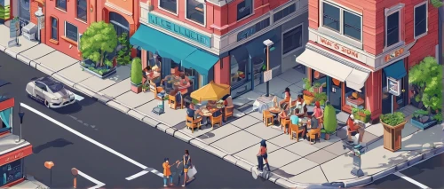 isometric,colorful city,crosswalk,city blocks,shopping street,city corner,bottleneck,street fair,street scene,intersection,pedestrian crossing,street cleaning,small towns,crowded,neighborhood,street party,crowds,bike city,store fronts,low poly,Unique,3D,Isometric
