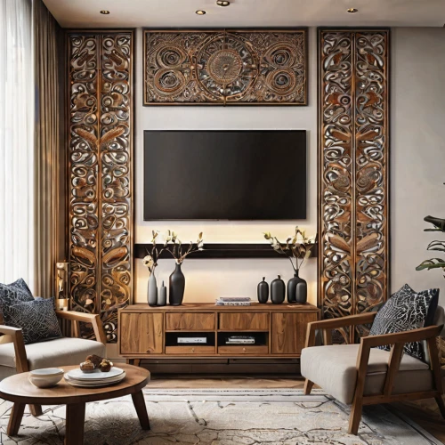 patterned wood decoration,entertainment center,room divider,tv cabinet,moroccan pattern,modern decor,chinese screen,contemporary decor,ornate room,interior decor,interior decoration,ethnic design,danish room,art nouveau design,apartment lounge,decor,family room,livingroom,interior design,danish furniture,Photography,General,Natural