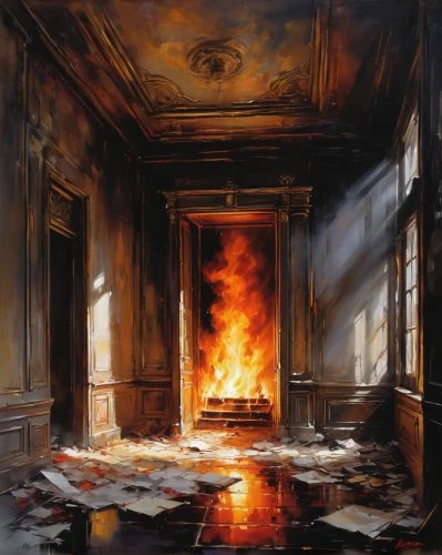 burning house,the conflagration,door to hell,conflagration,fireplaces,fire damage,fire in fireplace,kitchen fire,arson,fire disaster,burn down,fire extinguishing,fire place,fire safety,the house is on fire,burnt pages,flammable,combustion,fireplace,lake of fire,Conceptual Art,Oil color,Oil Color 03