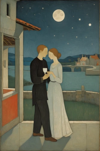 olle gill,grant wood,young couple,romantic scene,courtship,idyll,night scene,honeymoon,carl svante hallbeck,vincent van gough,kate greenaway,robert harbeck,kissel,as a couple,orsay,kistler,grissini,asher durand,in the evening,romantic night,Art,Artistic Painting,Artistic Painting 28