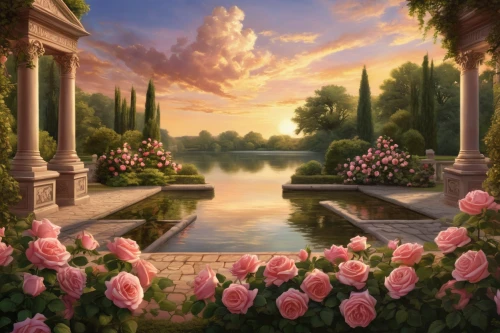 landscape background,landscape rose,idyllic,way of the roses,rose garden,splendor of flowers,oasis,springtime background,pink roses,fantasy landscape,romantic rose,flower background,world digital painting,beauty scene,idyll,nature landscape,spring background,peonies,romantic scene,flower painting,Conceptual Art,Fantasy,Fantasy 27