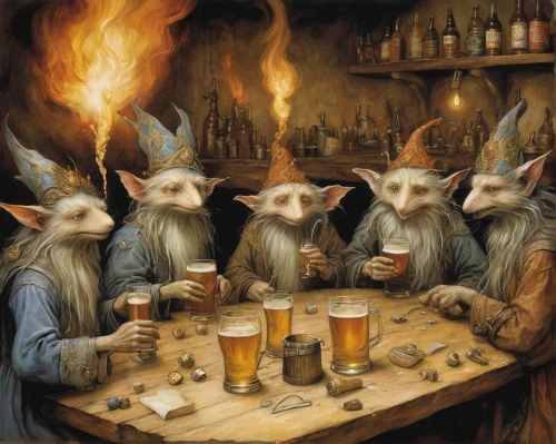 druids,gnomes at table,rotglühender poker,drinking party,drinking establishment,tavern,wizards,pub,the pub,brewery,the production of the beer,rathauskeller,goatflower,beers,three wise men,the three wise men,glasses of beer,elves,herd of goats,pig's trotters,Illustration,Realistic Fantasy,Realistic Fantasy 14