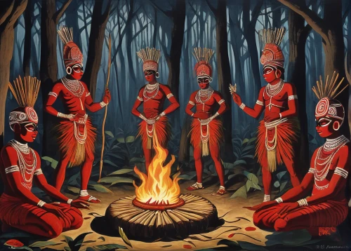 shamanic,indigenous painting,indigenous culture,theyyam,shamanism,aztecs,aborigines,fire dance,tribe,druids,red chief,khokhloma painting,natives,fire bowl,campfire,campfires,cannibals,folklore,ancient people,ritual,Illustration,Realistic Fantasy,Realistic Fantasy 21