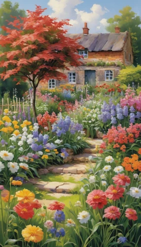 cottage garden,home landscape,flower garden,summer cottage,country cottage,splendor of flowers,flower painting,flower bed,blanket of flowers,meadow in pastel,springtime background,spring garden,english garden,cottage,flower meadow,country house,summer border,azaleas,flower field,flowers field,Conceptual Art,Oil color,Oil Color 03