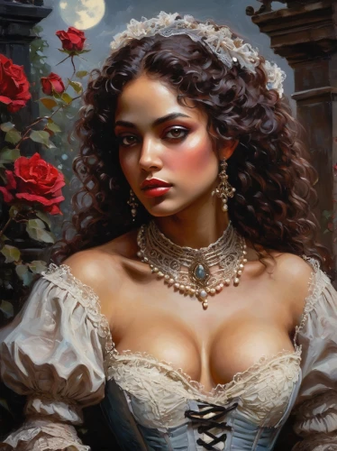 fantasy portrait,romantic portrait,fantasy art,bodice,victorian lady,oil painting on canvas,fantasy woman,young woman,mystical portrait of a girl,rosa,gothic portrait,rosa ' amber cover,oil painting,polynesian girl,art painting,queen of hearts,fantasy picture,rosa bonita,wild rose,wild roses,Conceptual Art,Oil color,Oil Color 06