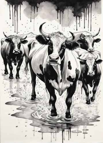 oxen,watusi cow,cattle crossing,milk cows,cattle,horned cows,cattle show,cow herd,bulls,cows,ruminants,bovine,livestock,heifers,herd,ruminant,two cows,ink painting,dairy cattle,cattle dairy,Illustration,Black and White,Black and White 34