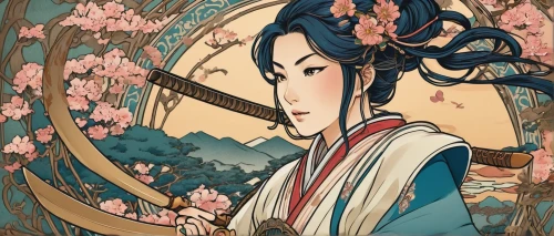 plum blossoms,geisha girl,geisha,japanese art,japanese floral background,oriental princess,plum blossom,oriental painting,sakura wreath,goki,oriental girl,mulan,mukimono,cool woodblock images,archery,spring festival,almond blossoms,kitsune,katana,samurai,Illustration,Retro,Retro 13