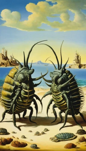 arthropods,beetles,scarabs,crustaceans,insects,stag beetles,mound-building termites,isopod,arthropod,wasps,earwigs,horseshoe crabs,entomology,bees,elephant beetle,blister beetles,surrealism,crabs,two bees,horse flies,Art,Artistic Painting,Artistic Painting 20